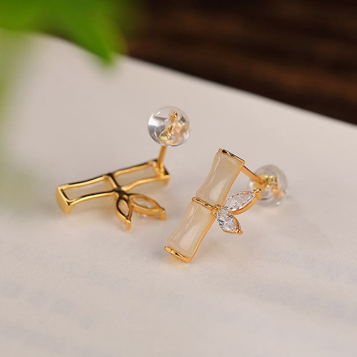 Orecchini a bottone con motivo di bambù e agata rossa, in argento sterling 925, Buddha Stones e giada ciano di Hetian, giada bianca e motivo di bambù