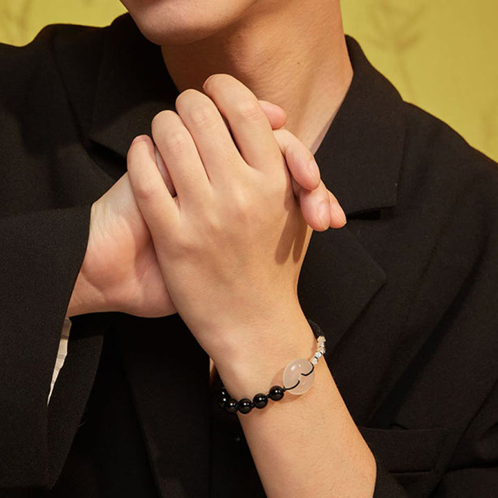 Bracciale Buddha Stones 925 Sterling Silver Ossidiana Nera Agata Fibbia della Pace Forza