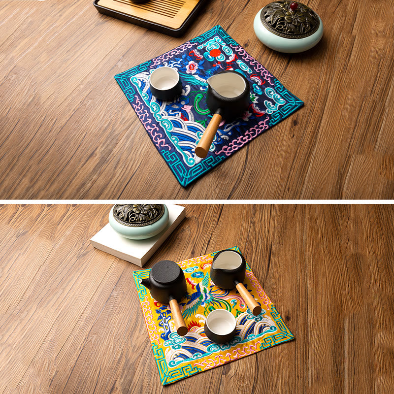 Buddha Stones Phoenix Dragon Kirin Ricamo Sottobicchiere per tazza da tè Sottobicchiere per tazza da tè Kung Fu