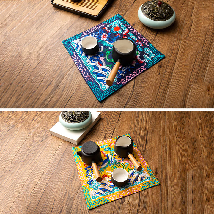 Buddha Stones Phoenix Dragon Kirin Ricamo Sottobicchiere per tazza da tè Sottobicchiere per tazza da tè Kung Fu