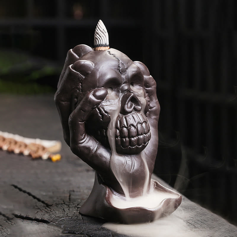 Buddha Stones Halloween Skull con mano fantasma Decorazione bruciatore di incenso spirituale in argilla viola