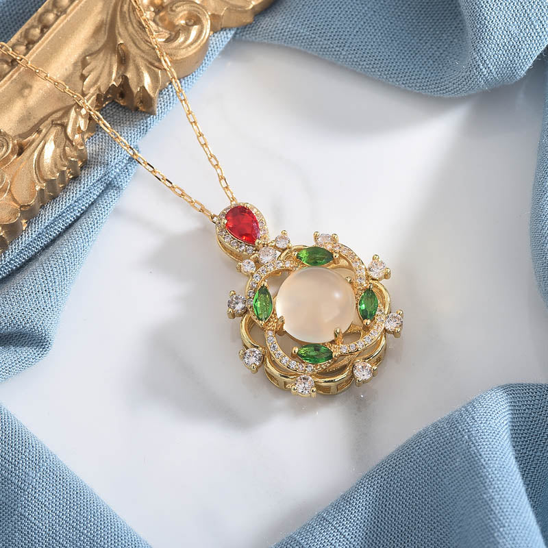 Collana Buddha Stones con giada ciano e cristallo rosso fortunato