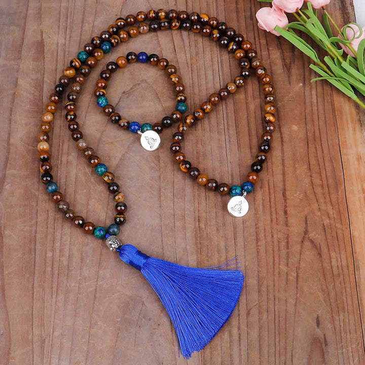 Buddha Stones 108 Mala Beads Occhio di tigre Buddha Forza Braccialetto Nappa Collana Pendente
