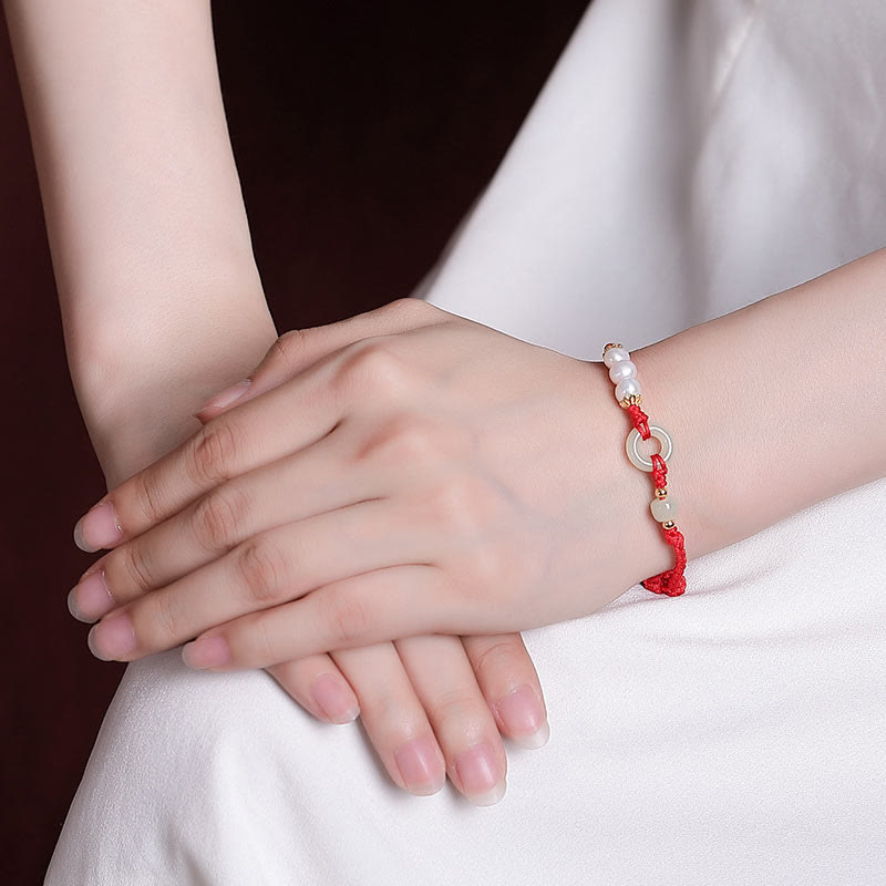 Bracciale Buddha Stones 925 Sterling Silver placcato oro Hetian Jade Peace Buckle Pearl Luck