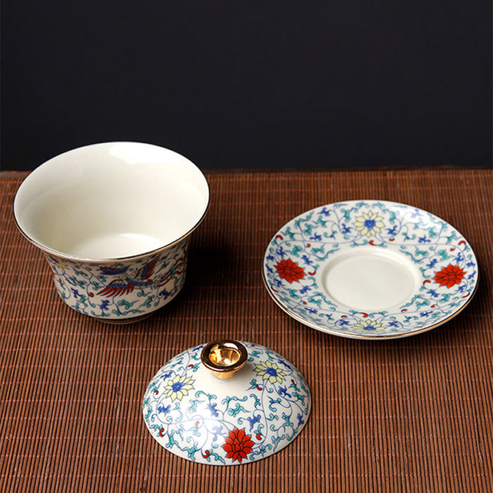 Buddha Stones Retro Prugna Fiore Pino Bambù Fenice Kirin Ceramica Gaiwan Sancai Tazza da tè Kung Fu Tazza da tè e piattino con coperchio