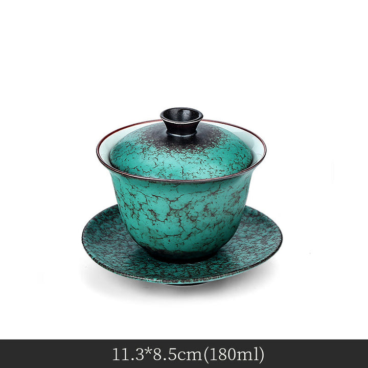 Buddha Stones Retro Green Glaze Ceramic Gaiwan Sancai Tazza da tè Kung Fu Tazza da tè e piattino con coperchio