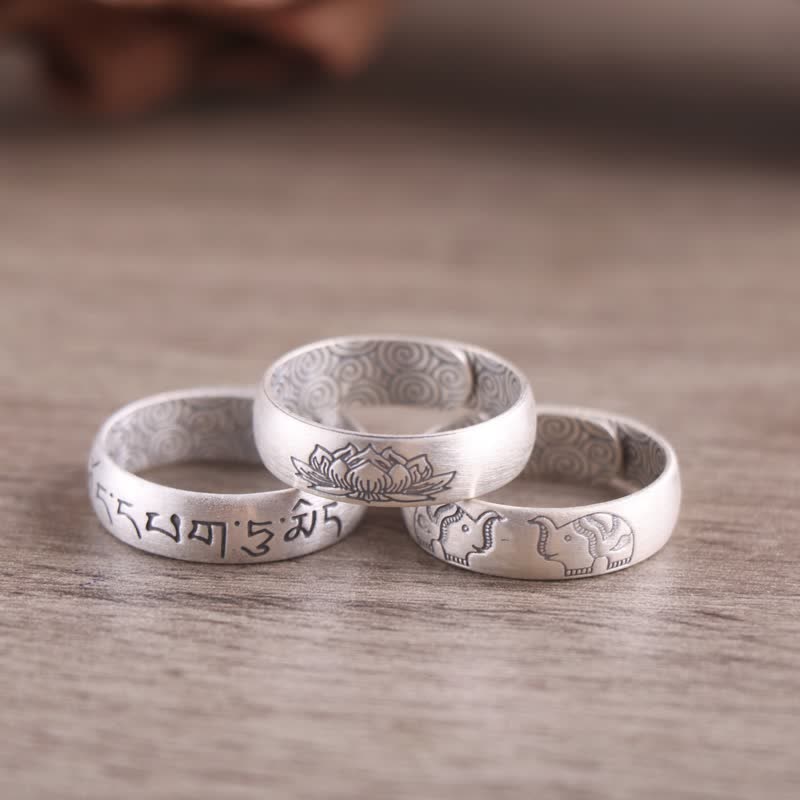 Anello di benedizione Buddha Stones 999 Sterling Silver Lotus Elephant Six True Words
