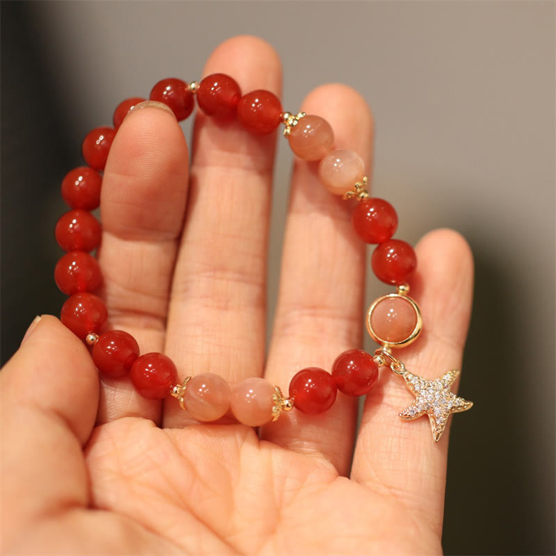 Braccialetto della ricchezza con stella di cristallo di agata rossa, pietra del sole, pietra di luna e pesca