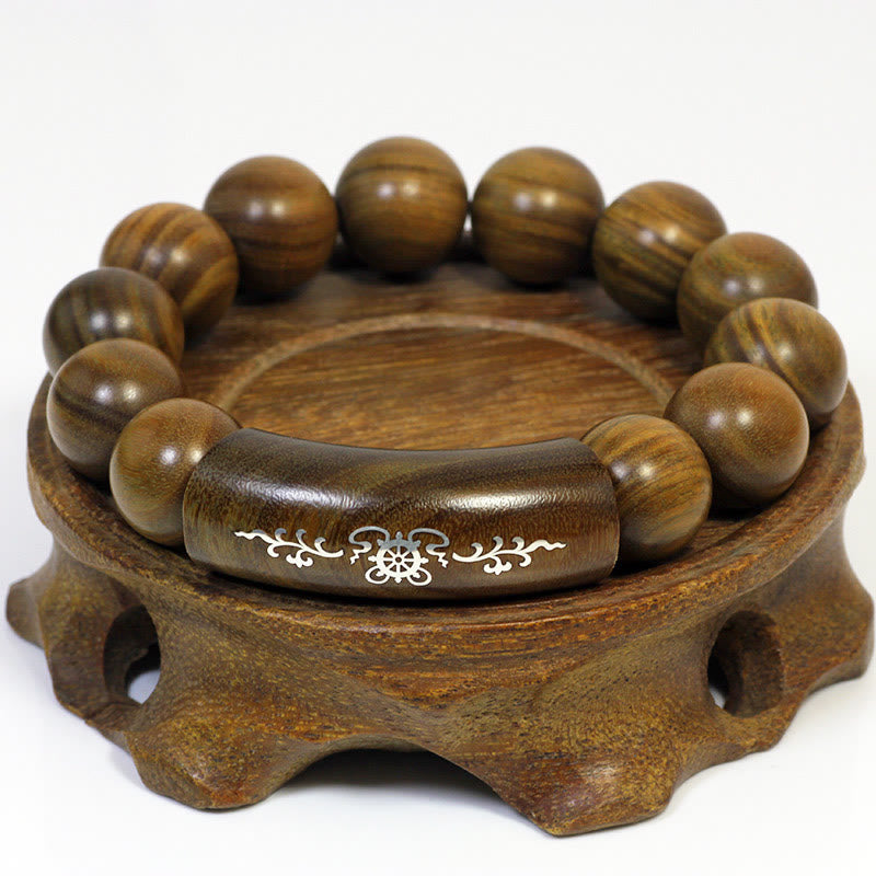 Bracciale Buddha Stones 999 Sterling Silver Sandalo Verde Om Mani Padme Hum Drago Fenice Dharmachakra Intarsiato Pace