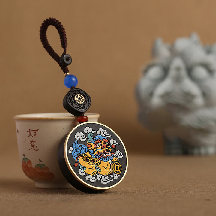 Buddha Stones PiXiu Moneta di rame Legno di ebano Fortuna Attrarre Ricchezza Portachiavi Decorazione