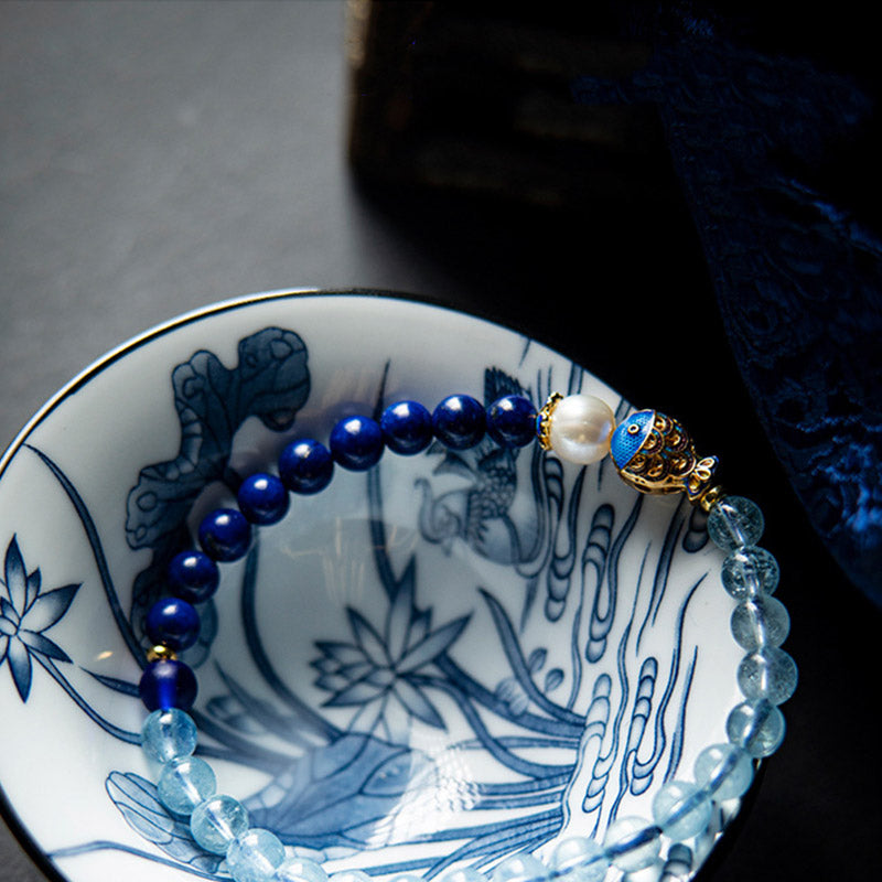 Braccialetto curativo con pesce in lazurite e acquamarina naturale Buddha Stones