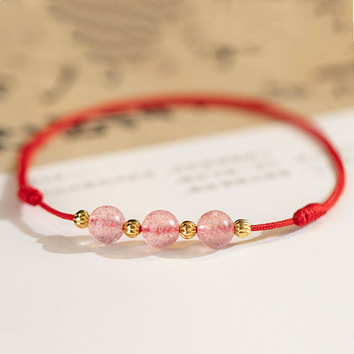 Buddha Stones Perline di cristallo di fragola Cavigliera con corda rossa portafortuna