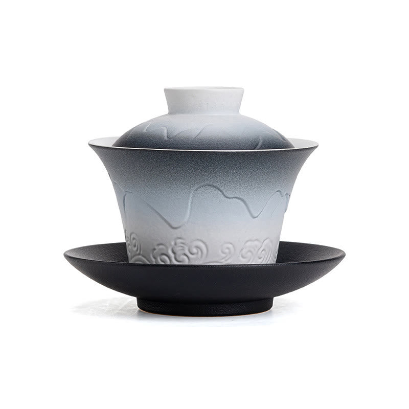 Buddha Stones Retro Blu Oceano Mare Onde Gradiente Ceramica Gaiwan Sancai Tazza da Tè Kung Fu Tazza da Tè e Piattino con Coperchio