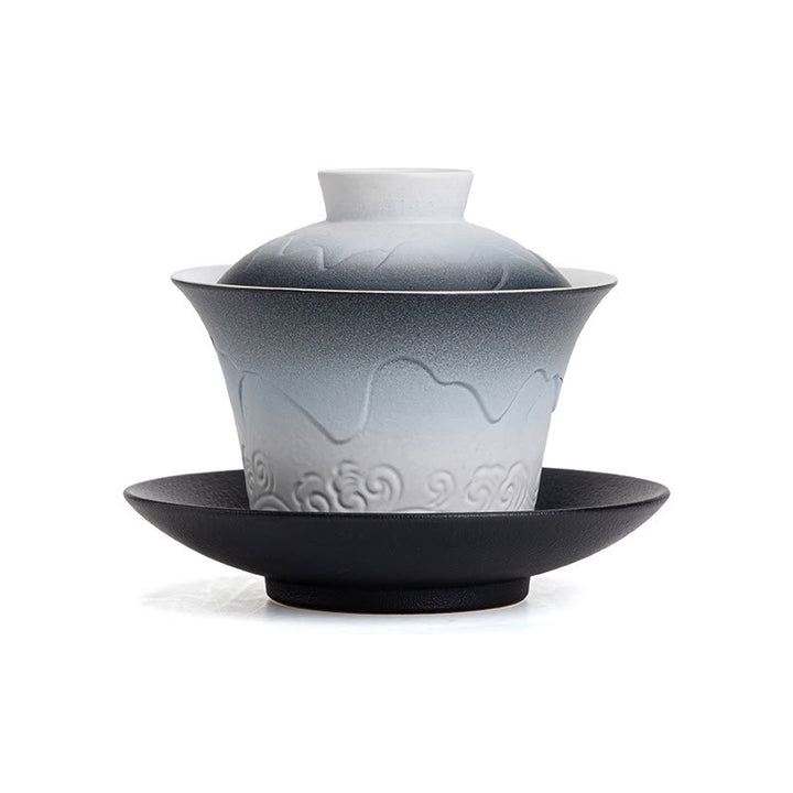 Buddha Stones Retro Blu Oceano Mare Onde Gradiente Ceramica Gaiwan Sancai Tazza da Tè Kung Fu Tazza da Tè e Piattino con Coperchio
