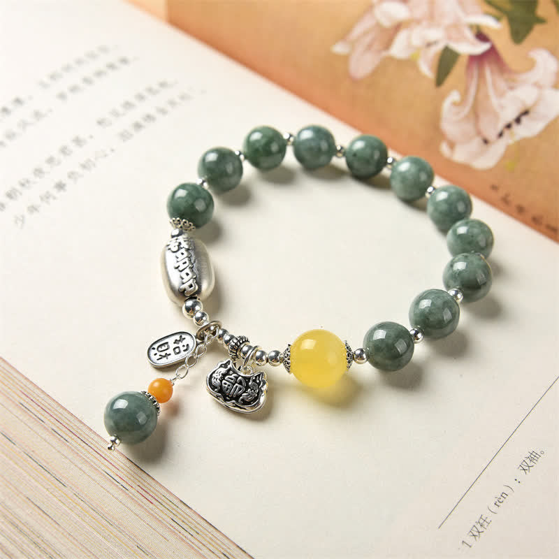 Bracciale Buddha Stones in argento sterling 925, giada ciano, ambra e successo