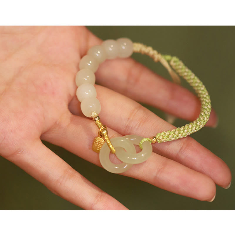 Braccialetto intrecciato con perline di giada naturale Hetian Buddha Stones con fibbia a doppia pace Fu Character Abbondanza