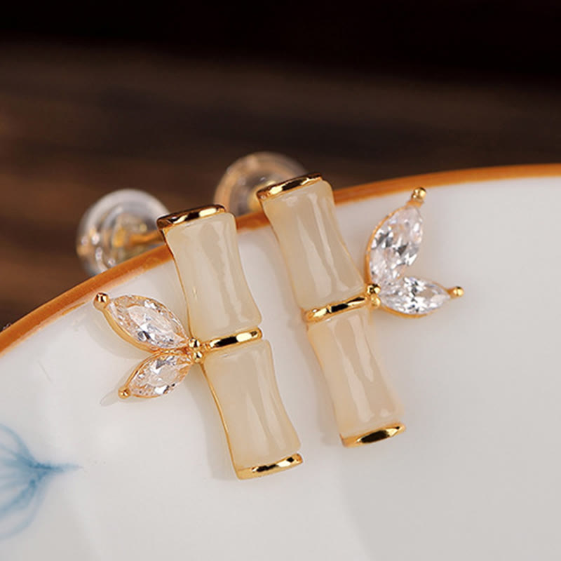 Orecchini a bottone con motivo di bambù e agata rossa, in argento sterling 925, Buddha Stones e giada ciano di Hetian, giada bianca e motivo di bambù