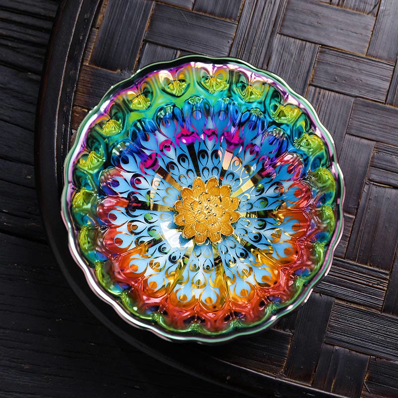 Buddha Stones Pavone vivido Loto intarsiato Design colorato Tazza da tè in ceramica cinese Jianzhan Tazza da tè Kung Fu