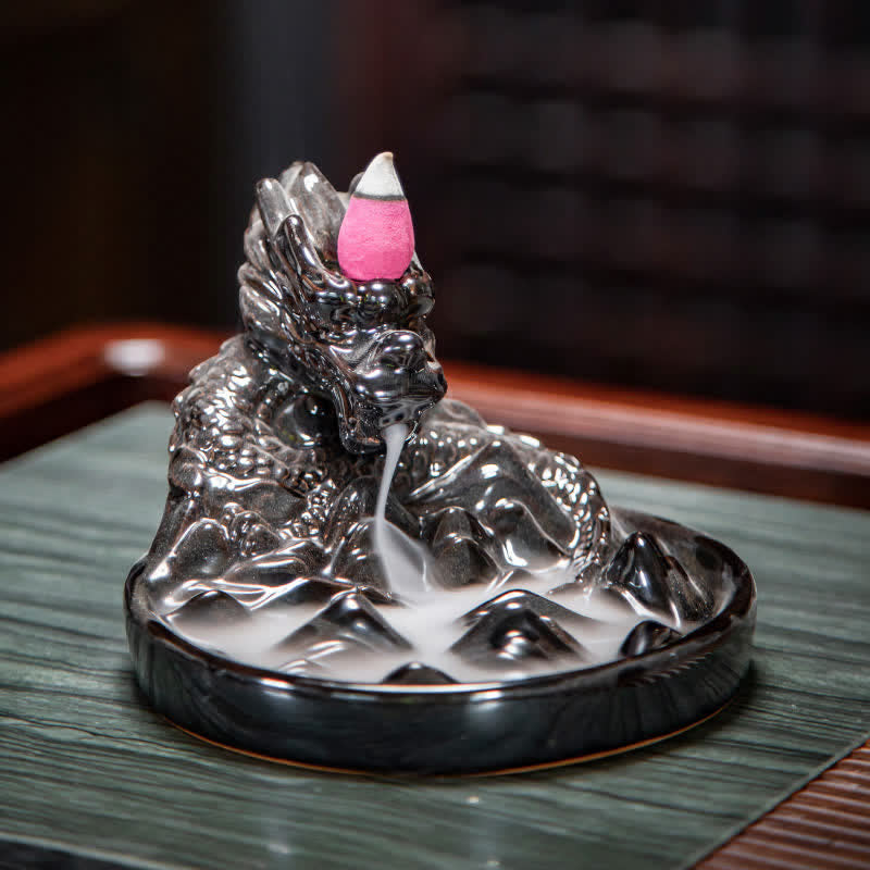 Bruciatore di incenso con fontana di fumo a riflusso in ceramica con motivo a drago, decorazione