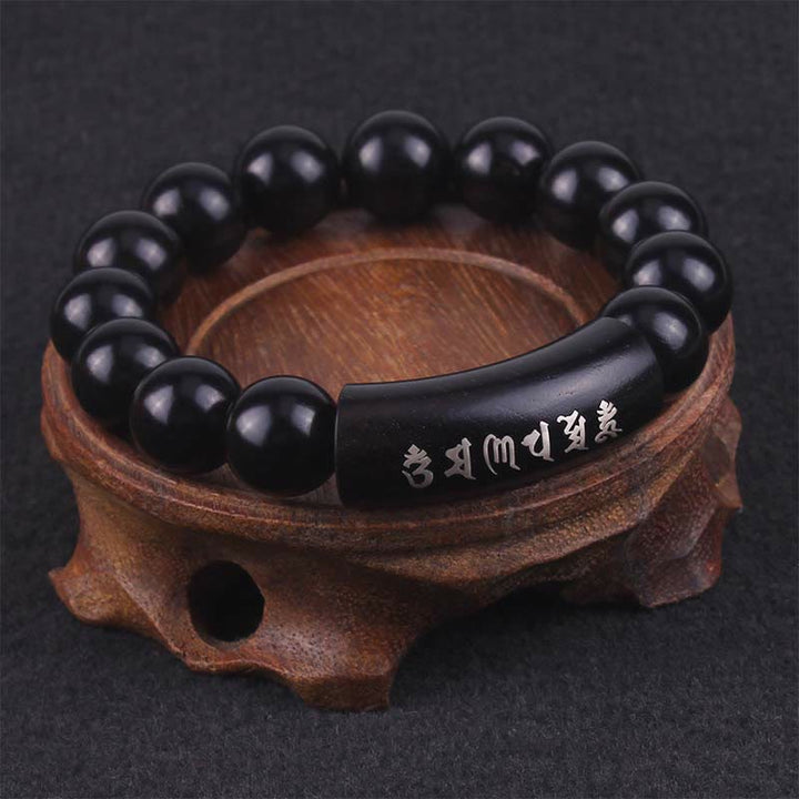 Bracciale intarsiato in legno di ebano con Buddha Stones in argento sterling 999 Om Mani Padme Hum