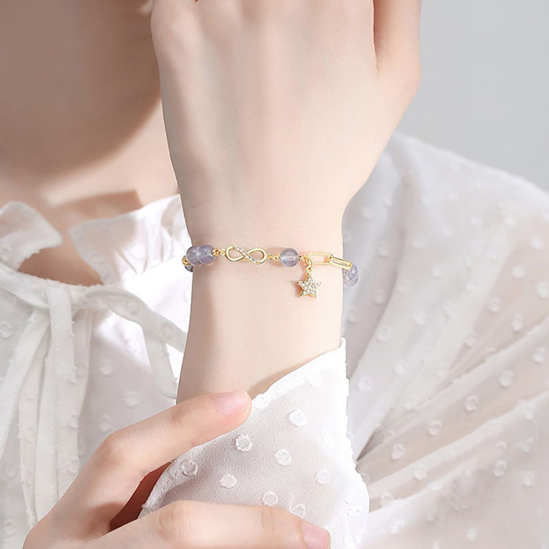 Buddha Stones 14K placcato oro naturale quarzo fragola pietra di luna Möbius Loop Eternal Love Star Bracciale positivo