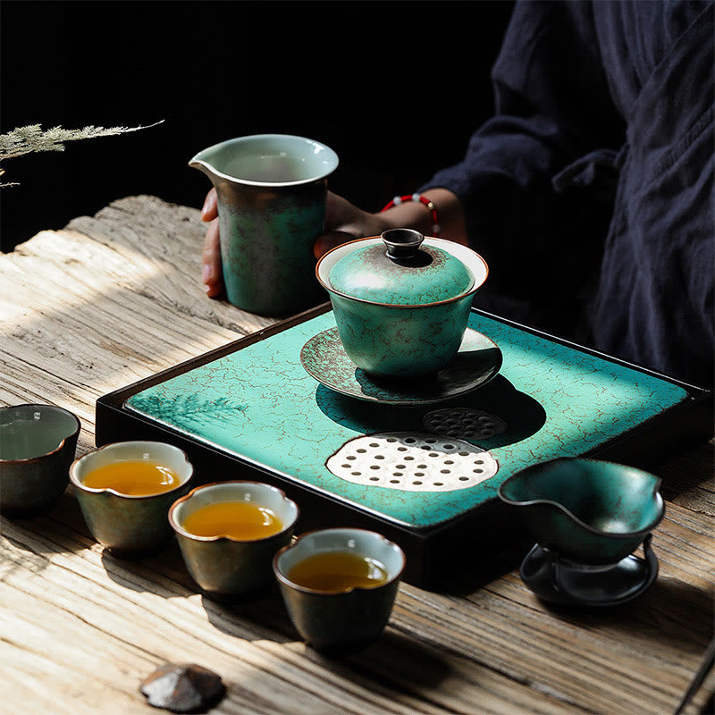 Buddha Stones Retro Green Glaze Ceramic Gaiwan Sancai Tazza da tè Kung Fu Tazza da tè e piattino con coperchio