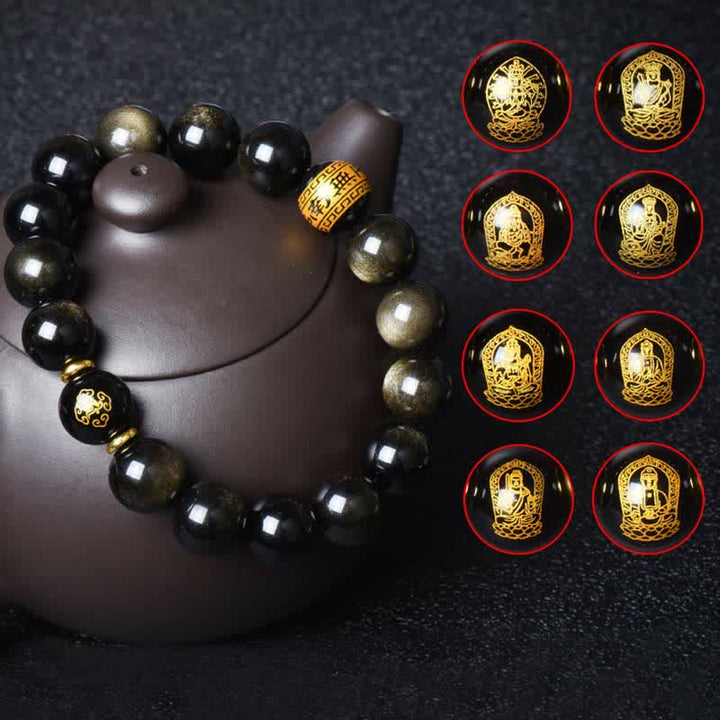 Braccialetto cinese di protezione della ricchezza con ossidiana e oro lucido, simbolo dello zodiaco natale del Buddha