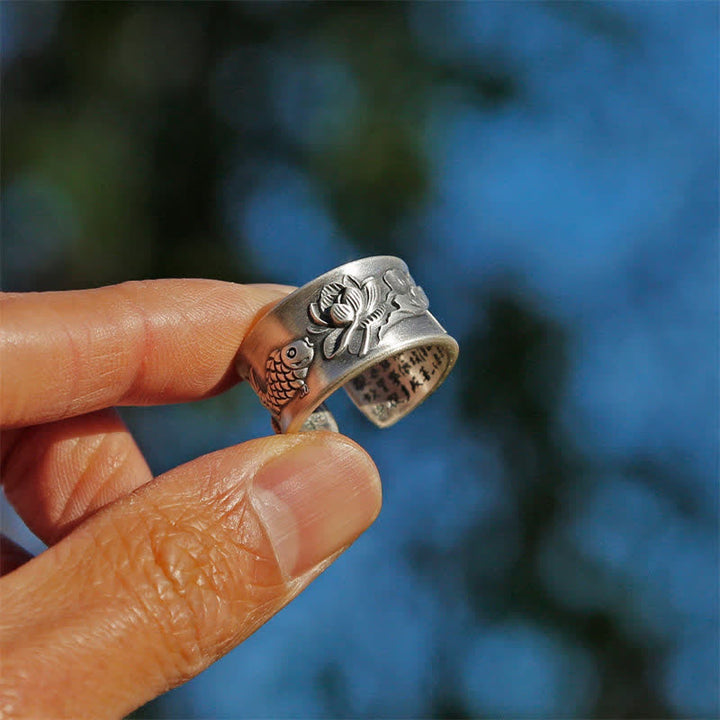 Anello Buddha Stones 999 Sterling Silver Luck Koi Fish Lotus Heart Sutra Wealth