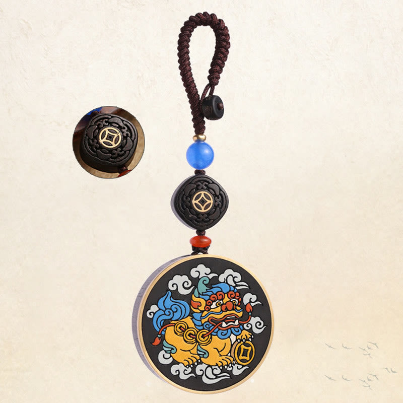 Buddha Stones PiXiu Moneta di rame Legno di ebano Fortuna Attrarre Ricchezza Portachiavi Decorazione