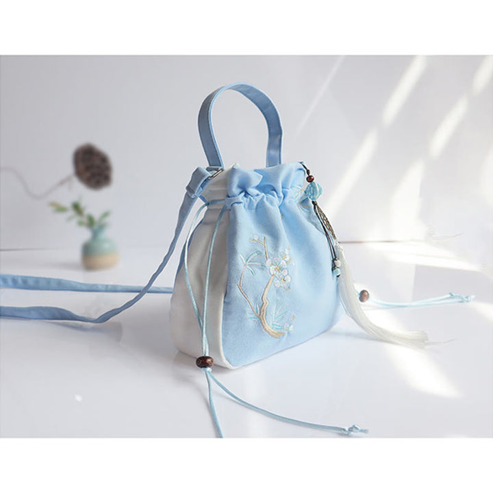 Borsa a tracolla in tela con fiori ricamati a mano con Buddha Stones