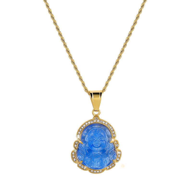 Collana con ciondolo a forma di Buddha in giada con Buddha che ride, riempita in oro 18 carati, Buddha Stones - Blu - image 15