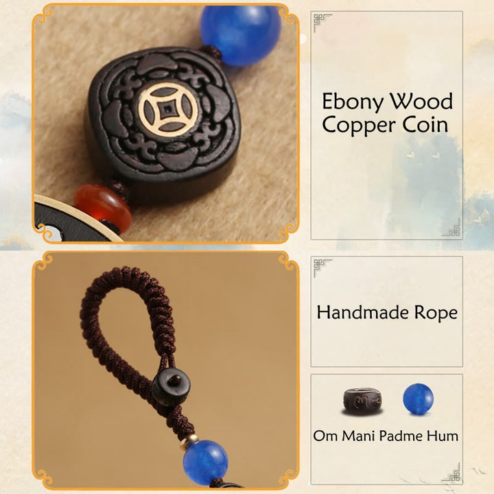 Buddha Stones PiXiu Moneta di rame Legno di ebano Fortuna Attrarre Ricchezza Portachiavi Decorazione
