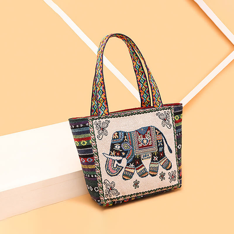 Borsa a tracolla in tela di grande capacità ricamata con elefante e farfalla , Buddha Stones