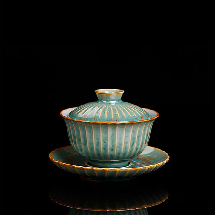 Buddha Stones Retro Glaze Kiln Change Ceramica Gaiwan Sancai Tazza da tè Kung Fu Tazza da tè e piattino con coperchio