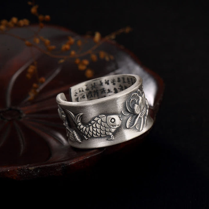 Anello Buddha Stones 999 Sterling Silver Luck Koi Fish Lotus Heart Sutra Wealth