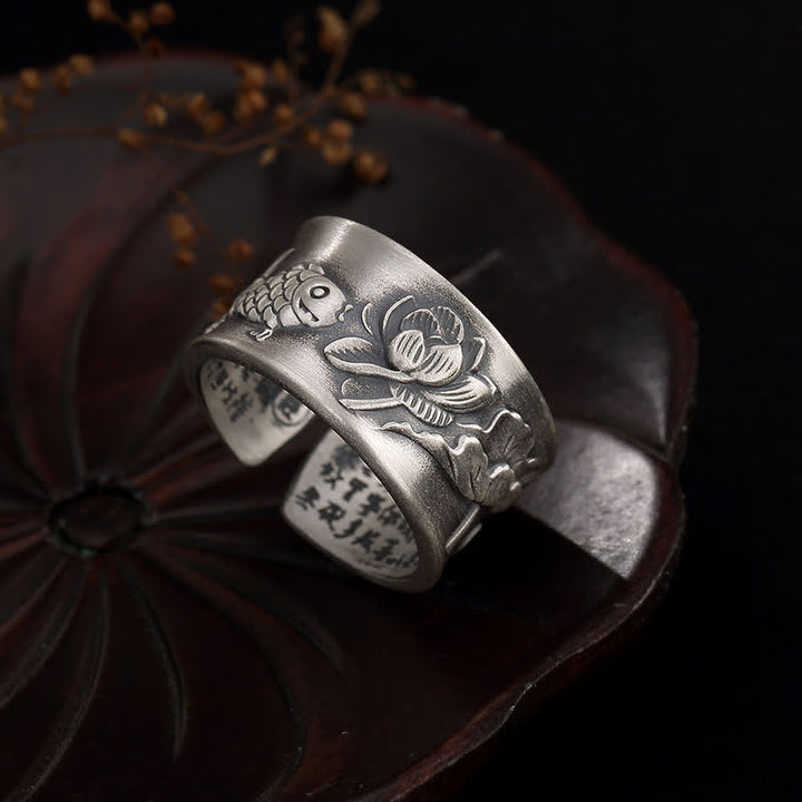 Anello Buddha Stones 999 Sterling Silver Luck Koi Fish Lotus Heart Sutra Wealth