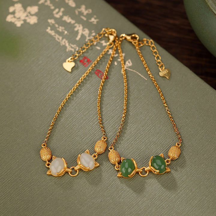 Braccialetto portafortuna con giada bianca naturale Hetian in argento sterling 925 Buddha Stones, giada ciano e volpe adorabile