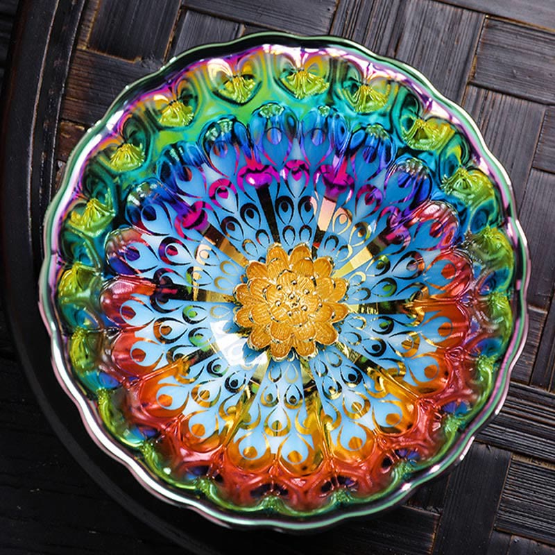 Buddha Stones Pavone vivido Loto intarsiato Design colorato Tazza da tè in ceramica cinese Jianzhan Tazza da tè Kung Fu