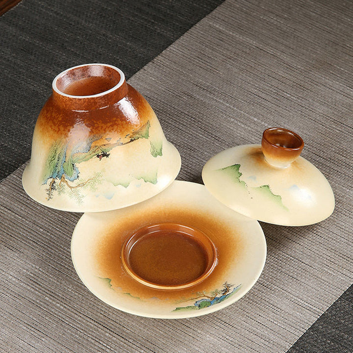 Buddha Stones Montagna Paesaggio Campagna Ceramica Gaiwan Sancai Tazza da tè Kung Fu Tazza da tè e piattino con coperchio