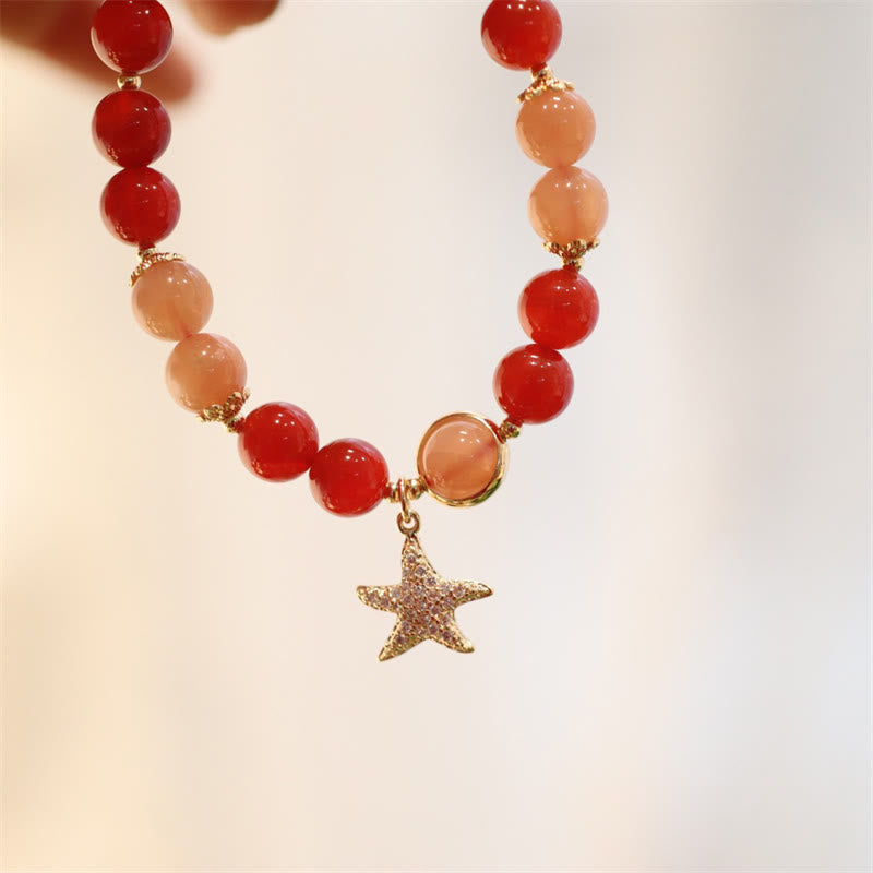Braccialetto della ricchezza con stella di cristallo di agata rossa, pietra del sole, pietra di luna e pesca