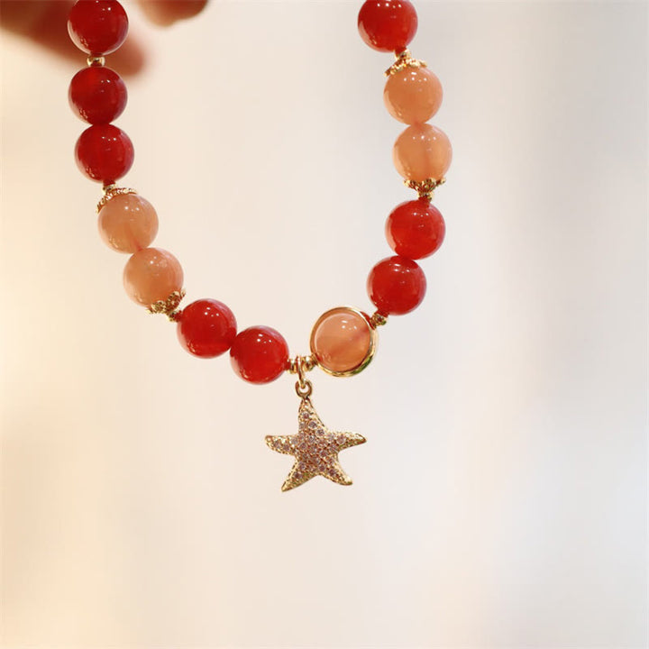 Braccialetto della ricchezza con stella di cristallo di agata rossa, pietra del sole, pietra di luna e pesca