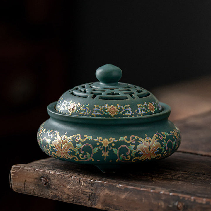 Bruciatore di incenso per meditazione in ceramica con motivo floreale a drago e fontana di fumo a riflusso