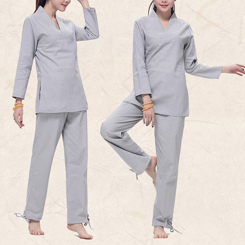 Buddha Stones Zen Pratica Yoga Meditazione Preghiera Scollo a V Design Uniforme Cotone Lino Abbigliamento Donna Set - image 6