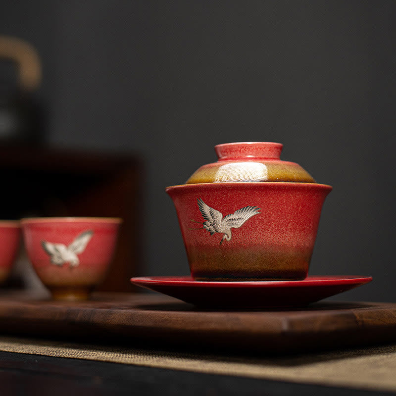 Buddha Stones Red Gru di buon auspicio Ceramica Gaiwan Sancai Tazza da tè Kung Fu Tazza da tè e piattino con coperchio