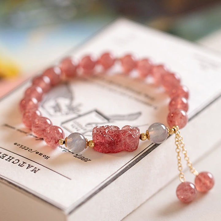 Buddha Stones Natural Strawberry Quartz Moonstone Braccialetto di guarigione dell'amore PiXiu
