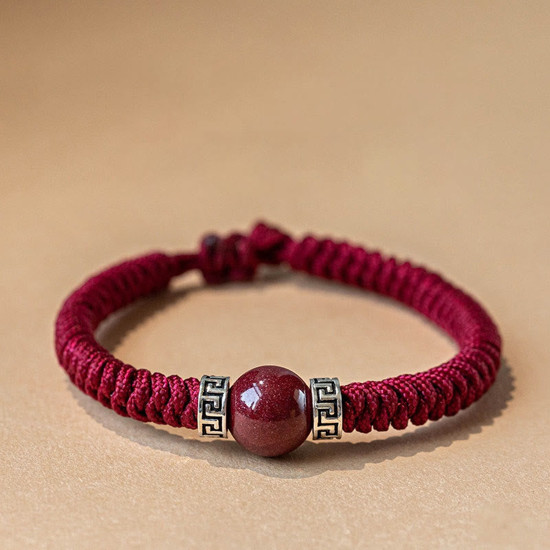 Braccialetto in corda intrecciata fatto a mano con perline di cinabro naturale in argento sterling 925 Buddha Stones