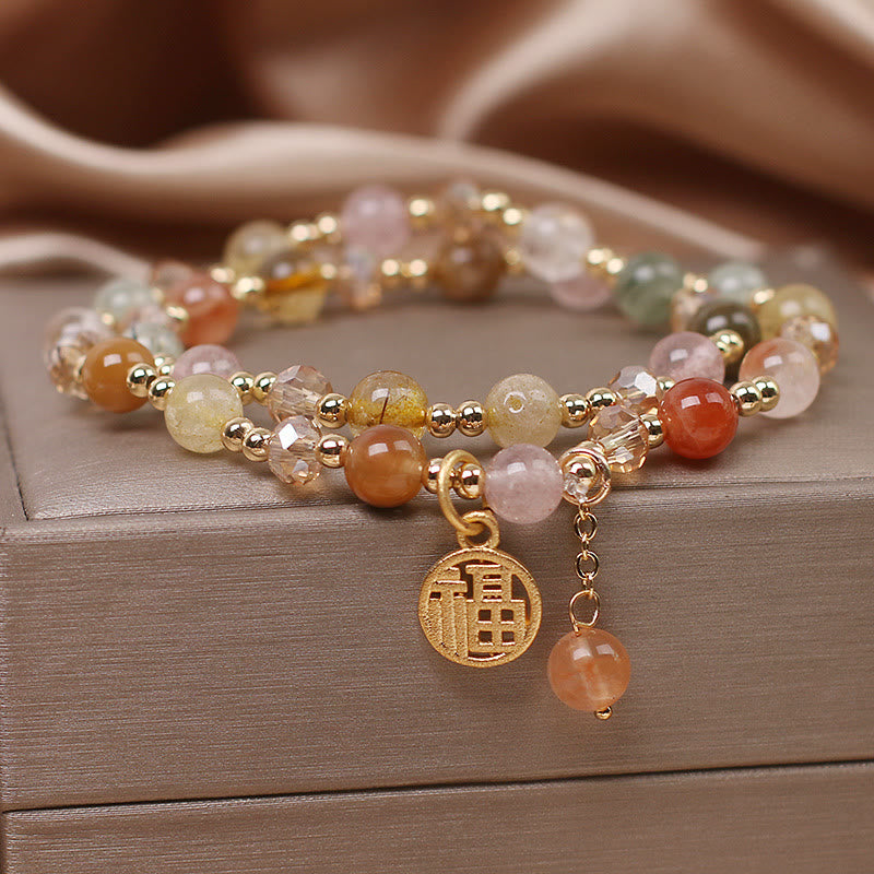 Braccialetto di auspicio con carattere Fu in quarzo rutilato multicolore Buddha Stones