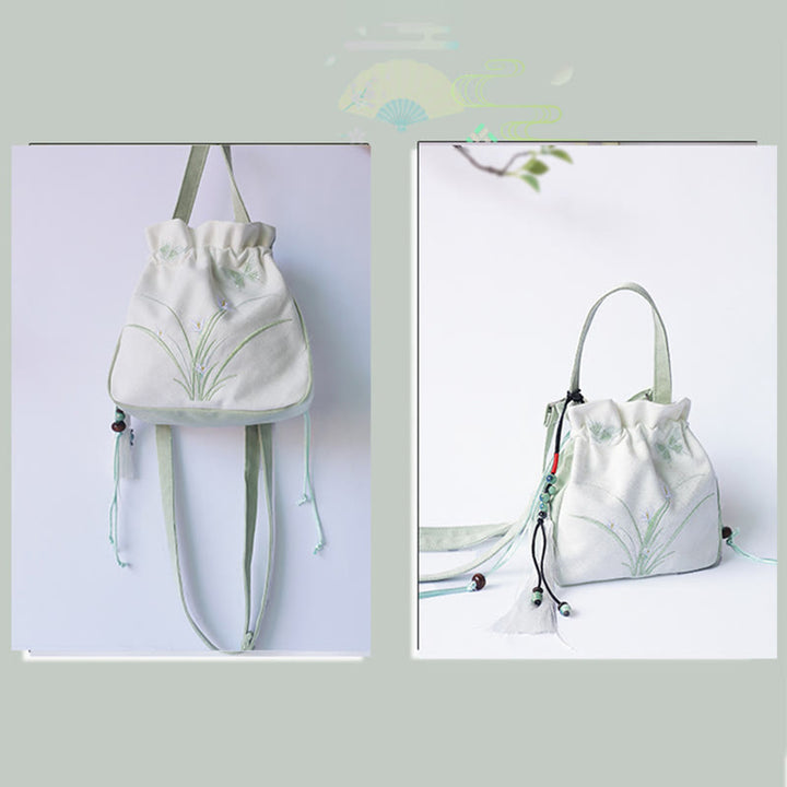 Borsa a tracolla in tela con fiori ricamati a mano con Buddha Stones