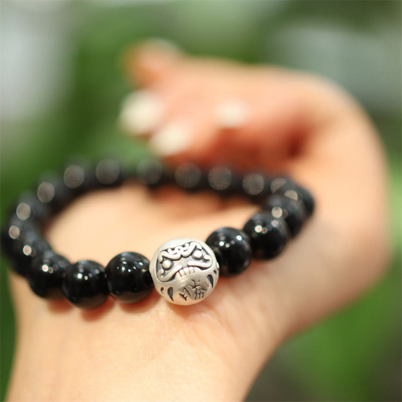 Braccialetto di protezione con perline di onice nero in argento sterling 925 Buddha Stones con incisione del personaggio