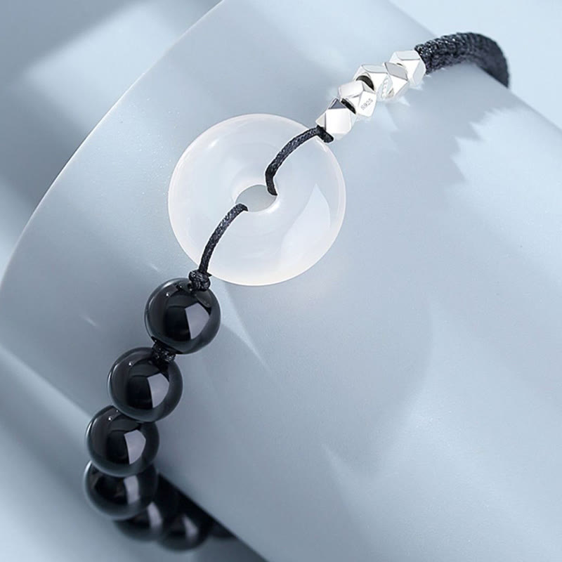 Bracciale Buddha Stones 925 Sterling Silver Ossidiana Nera Agata Fibbia della Pace Forza